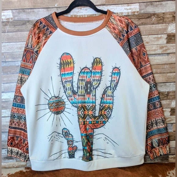New Tribal Aztec Cactus Graphic Sweatshirt - Picture 1 of 16